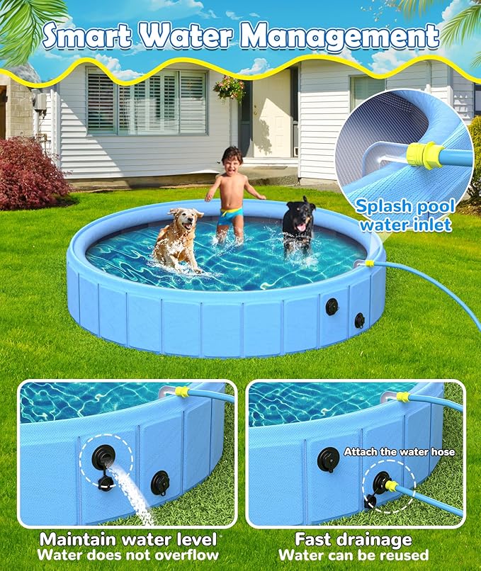 EPN Large Foldable Dog Pool – 0.55MM PVC 2-in-1 Portable Bathtub & Sprinkler for Dogs, Cats, Kids – Heavy Duty, Non-Slip, Summer Water Toy (118 in)