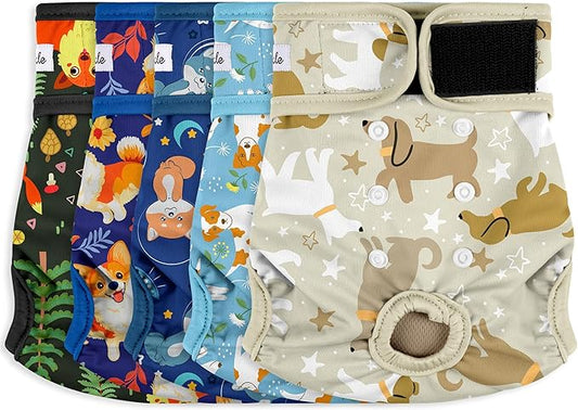 Female Dog Diapers 5Pcs - Premium Reusable Diapers for Doggie in Heat - Highly Absorbent Dog Diapers Female for Pet Incontinence with Adjustable Snaps, S