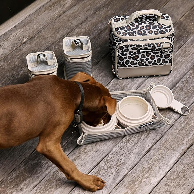 Cleverpup Small 7-Piece Bistro Box Dog Food Travel Kit, 6-Cup BPA-Free Kibble Storage, 2 Silicone Bowls, Mat & Scoop - Portable Pet Food Kit for Weekends, Overnights, Daycare & Camping, Leopard