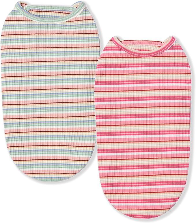 Dog Shirts Vest Cotton Striped T-Shirt, Sleeveless Stretchy Pet Clothes for Small Dogs, 2-Pack Soft Breathable Puppy Tank Top Cat Tee (Medium, Pink,Rose)