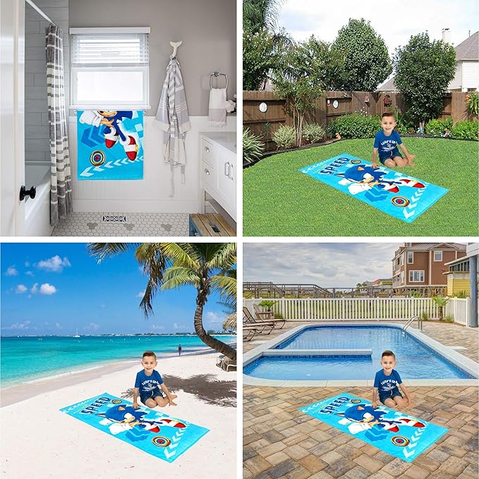 Franco Kids Super Soft Cotton Beach Towel, 58 in x 28 in, Sonic The Hedgehog