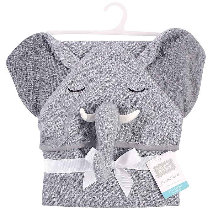 Hudson Baby Unisex Baby Cotton Animal Face Hooded Towel, Tusks Elephant, One Size