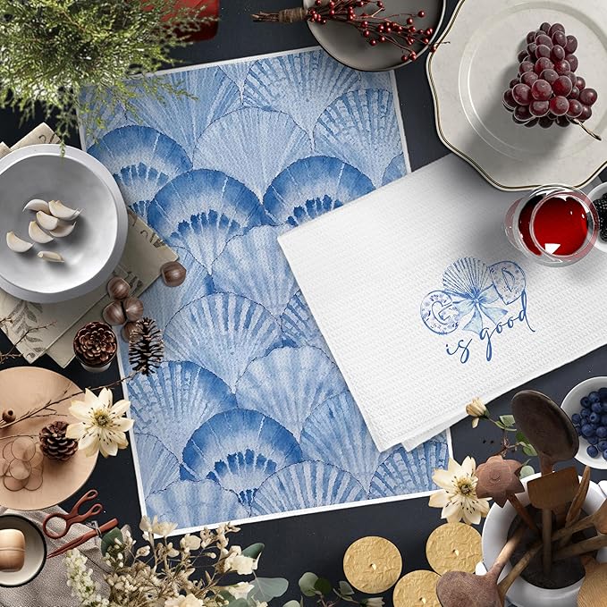 Coquette Blue Bow Seashell Coastal Beach Kitchen Towels Set of 2, God is Good Inspirational Christian Dish Tea Towels for Kitchen Decor, Preppy Beach Hand Towels for Bathroom Decor, 16x24 Inch