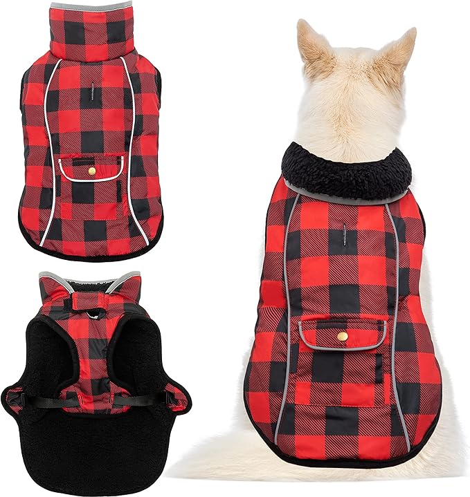 Dog Winter Coat - Warm Dog Clothes for Rain Snow Wind Cold Weather - Reflective Plaid Adjustable Windproof Pet Vest Jacket with Leash Hole for Small Medium Large Dogs Indoor Outdoor