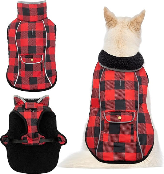 Dog Winter Coat - Warm Dog Clothes for Rain Snow Wind Cold Weather - Reflective Plaid Adjustable Windproof Pet Vest Jacket with Leash Hole for Small Medium Large Dogs Indoor Outdoor
