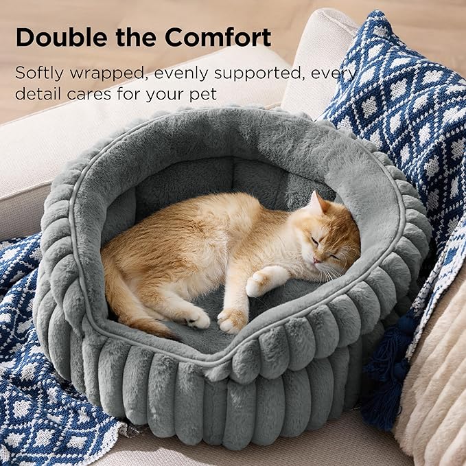 Bedsure ComfyFleece™ Cat Bed, Washable Round Cute Pet Beds for Indoor Cats, Super Soft Corduroy Kitten Bed with Anti-Slip Bottom, 20''x20''x8'', Warm Gray