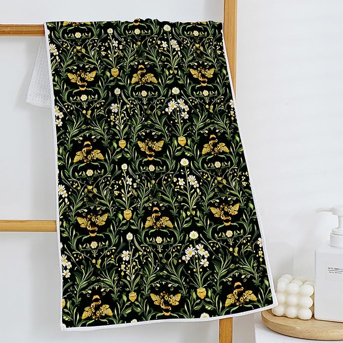 Vintage Moody Floral Bumble Bee Kitchen Towels, Dark Cottagecore Botanical Bee Dish Tea Towels for Kitchen Decor, Dark Academia Green Plant Hand Towels for Bathroom Decor, 16x24 Inch Set of 2