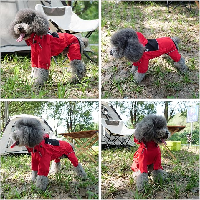 LOVELONGLONG Fleece-Lined Dog Raincoat with Removable Hood – Waterproof Winter Full Body Dog Jacket – Windproof Snowproof Cold-Weather Suit – Red-F S+