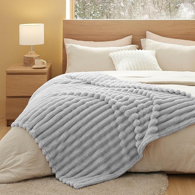 Bedsure Twin Blanket for Couch - 350GSM Super GentleSoft Fuzzy Fluffy Cozy Blankets for Women, Cute Small Plush Fleece Throws for Girls, Light Grey，60x80 Inches, Wider Striped Design