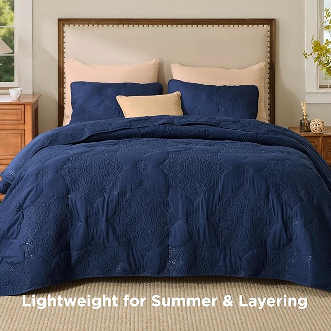 Bedsure King Size Quilt - Stitch-Free Ultrasonic Quilting, Navy Blue Bedspread with Modern Vintage Mandala Embossed Pattern, Lightweight All-Season Comforter & Coverlet, 106 x 96 Inches | Stitch-Free Quilting, Ultra Soft, Lightweight, Machine Washable,...