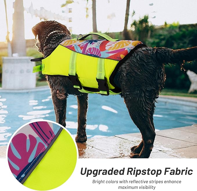 cyeollo Dog Life Jacket Reflective Printed Dog Life Vest for Swimming Boating, High Buoyancy Pet Safety Vest Lightweight Small Medium Large Dog Lifejackets with Front Float, Fluorescent Yellow M