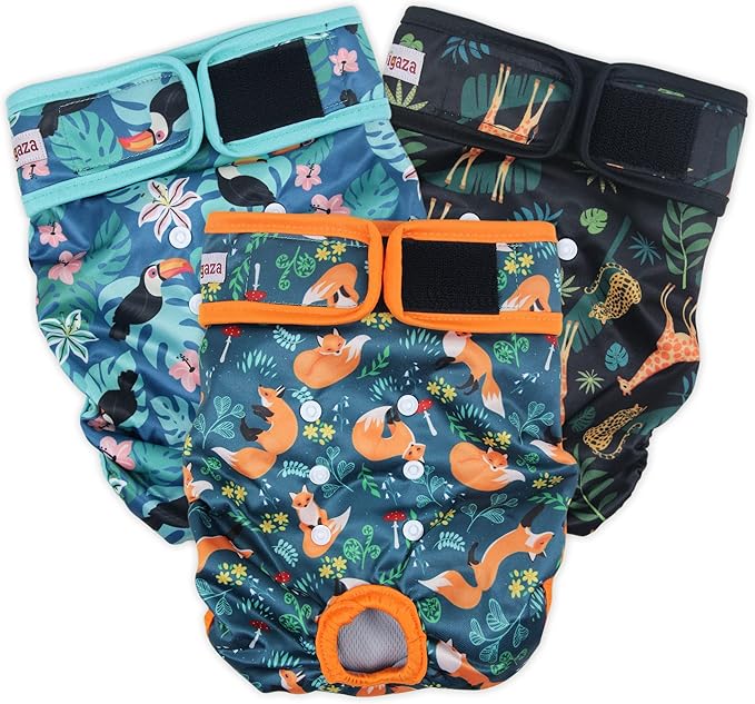Washable Dog Diapers (3 Pack), Reusable Dog Diapers for Doggie Heat Period, Reusable Doggie Diaper for Female Dogs (Giraffe, Tucan, Fox, Large)