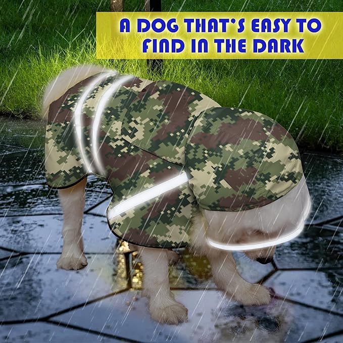 Dog Raincoat, Adjustable Rain Jacket with Hooded Double Layer for Large Medium Small Dogs Puppies, Lightweight Waterproof Rain Coat Poncho with Reflective Stripe Mosaic Camouflage Green,XL