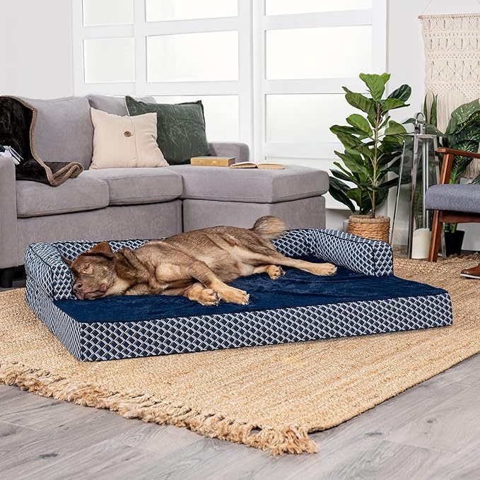 Furhaven Orthopedic Dog Bed for Large Dogs w/ Removable Bolsters & Washable Cover, For Dogs Up to 125 lbs - Plush & Woven Decor Comfy Couch Sofa - Diamond Blue, Jumbo Plus/XXL
