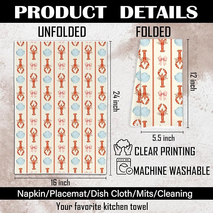 Coquette Pink Bow Seashell Lobster Beach Kitchen Towels, Ocean Crawfish Dish Tea Towels for Kitchen, Coastal Nautical Hand Towels for Bathroom, Seafood Boil Party Supplies, 16x24 Inch