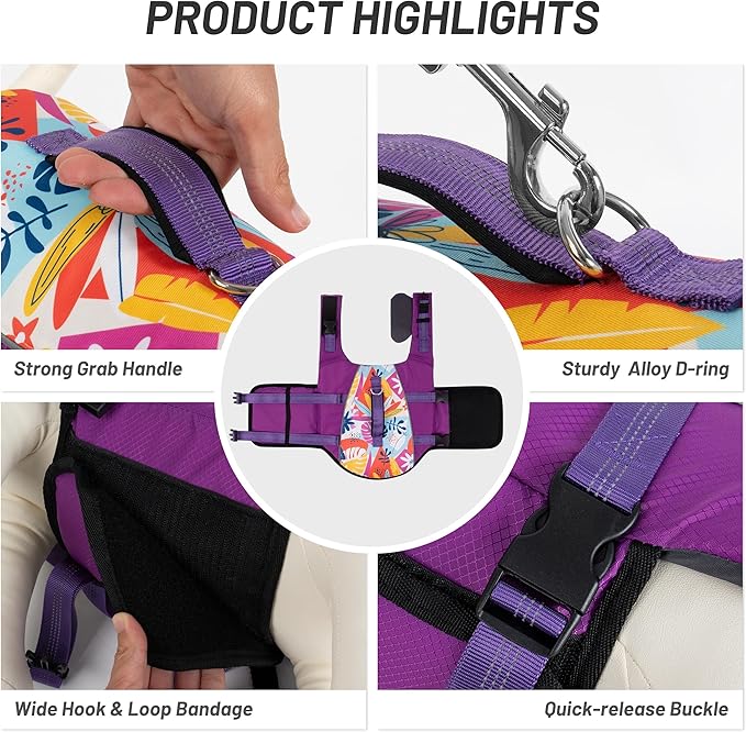 Cyeollo Life Vests for Boating - High Buoyancy Pet Safety Float Lifesaver Vest with Chin Float, Adjustable Dog Lifejackets for Medium Large Dogs, Purple XL