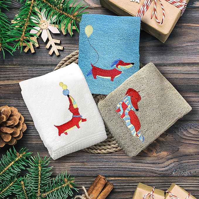 3 Pcs Embroidered Dachshund Hand Towels for Bathroom Kitchen, Cute Sausage Dog Decorative Towels, 14x29 inches 100% Cotton Bath Towels, Dog Lover Gift