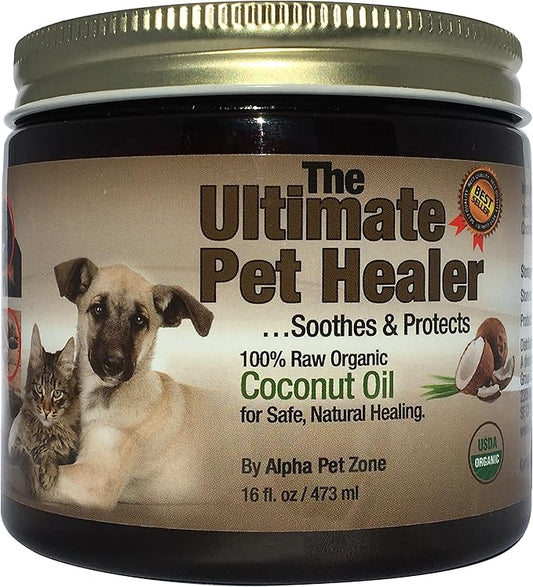 100% Organic Coconut Oil for Dogs & Cats - Skin and Coat - 16 fl oz - Use Topically on Dry Itchy Skin, Paws, Elbows and Cracked Nose - Cold Pressed, All Natural and Safe to Eat - Soothes and Protects