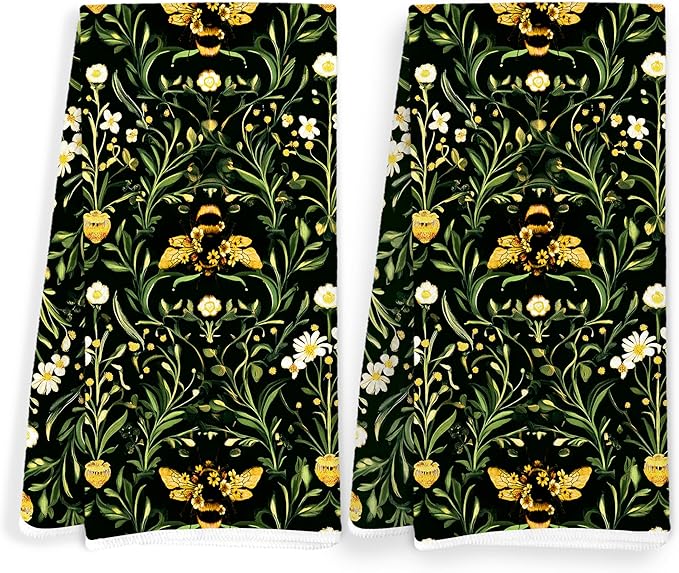 Vintage Moody Floral Bumble Bee Kitchen Towels, Dark Cottagecore Botanical Bee Dish Tea Towels for Kitchen Decor, Dark Academia Green Plant Hand Towels for Bathroom Decor, 16x24 Inch Set of 2