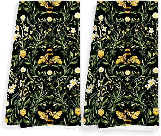 Vintage Moody Floral Bumble Bee Kitchen Towels, Dark Cottagecore Botanical Bee Dish Tea Towels for Kitchen Decor, Dark Academia Green Plant Hand Towels for Bathroom Decor, 16x24 Inch Set of 2