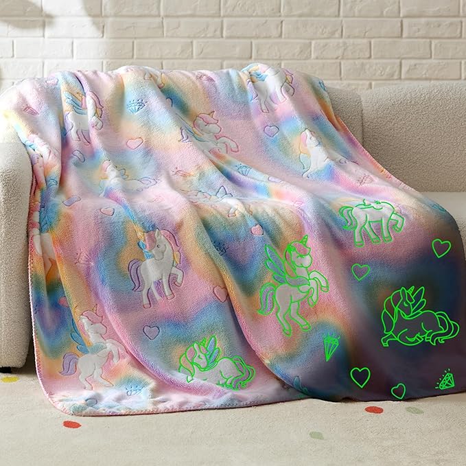 Bedsure Unicorn Glow in The Dark Blanket - Pink Blanket for Girls Kids Age 3-12 as Unicorn Birthday Gift, GentleSoft Cozy Cute Throw for Couch Sofa Bed Home Decor, 50x60