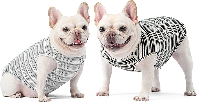 Dog Shirts Vest Cotton Striped T-Shirt, Sleeveless Stretchy Pet Clothes for Small Dogs, 2-Pack Soft Breathable Puppy Tank Top Cat Tee (Large, Black,Gray)