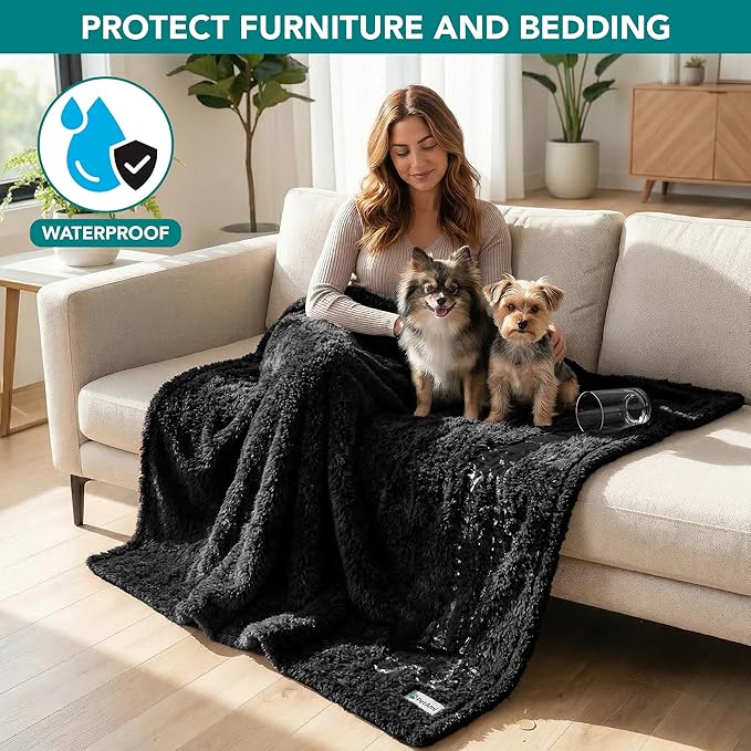 PetAmi Fluffy Waterproof Dog Blanket for Medium Large Dogs, Soft Warm Pet Sherpa Throw Pee Proof Couch Cover, Reversible Cat Bed Blanket Sofa Protector, Plush Washable Pad (Black, 40x60)