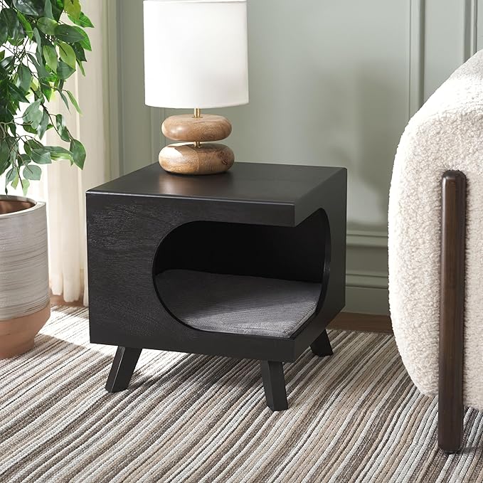 SAFAVIEH Home Collection Bean Mid-Century Matte Black Square Covered Cave Small Pet Cat Bed (Fully Assembled)