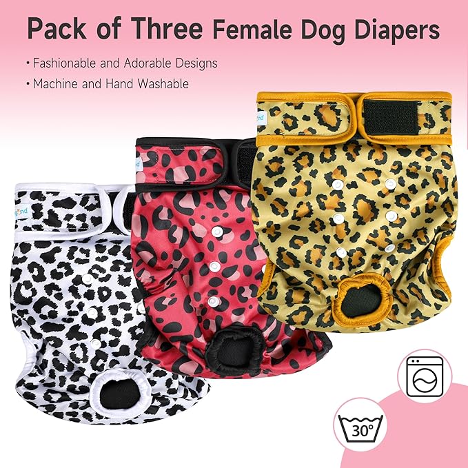 Paw Legend Washable Reusable Female Dog Period Diapers for Heat Doggie Puppy Diapers for Female Dogs (3 Pack, Leopard, Medium)