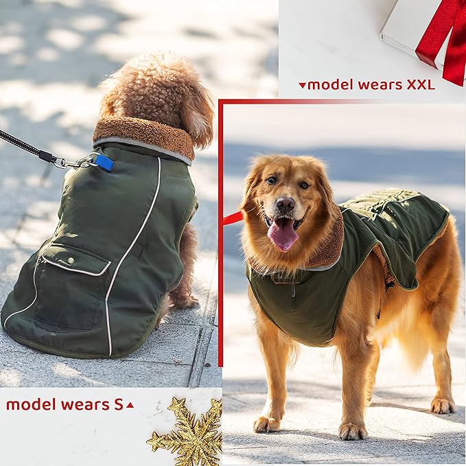Dog Winter Coat - Warm Dog Clothes for Rain Snow Wind Cold Weather - Reflective Green Adjustable Windproof Pet Vest Jacket with Leash Hole for Small Medium Large Dogs Indoor Outdoor