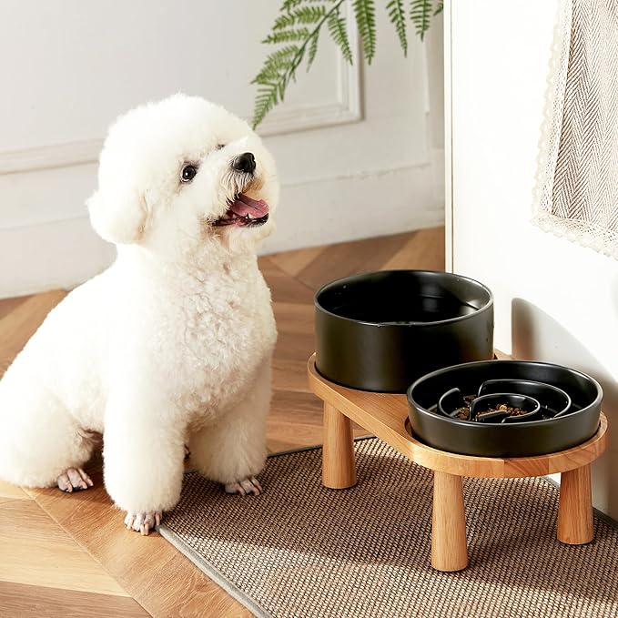 Ceramic Slow Feeder and Water Bowl Set for Medium and Large Dogs, 8.0 Inches Ceramic Dog Bowls Elevated with Wooden Stand, 2.0 Cups Dog Slow Feeder(30oz) and 70oz Water Bowl Set, Black