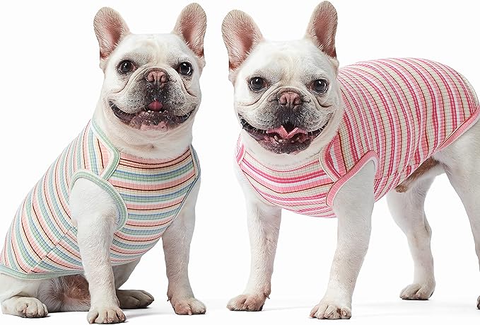 Dog Shirts Vest Cotton Striped T-Shirt, Sleeveless Stretchy Pet Clothes for Small Dogs, 2-Pack Soft Breathable Puppy Tank Top Cat Tee (Small, Pink,Rose)