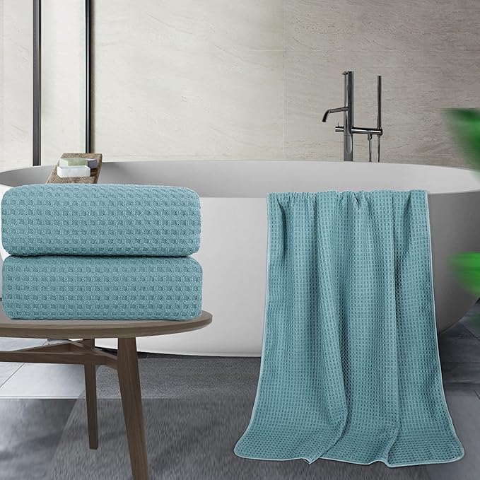POLYTE Microfiber Oversize Quick Dry Lint Free Bath Towel, 60 x 30 in, Set of 2 (Green, Waffle Weave)