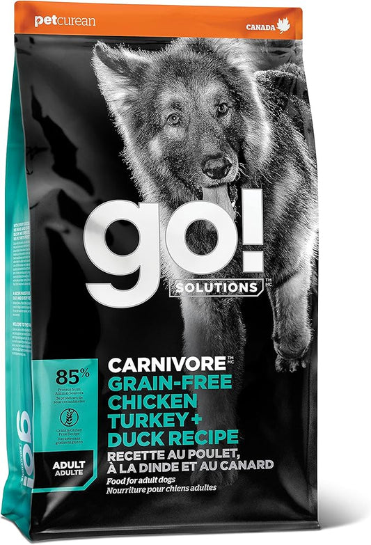 Go! Solutions Carnivore Chicken, Turkey + Duck Grain-Free Dry Adult Dog Food, Our Highest-Protein Kibble Made with Real Meat & Fish, Pumpkin & Probiotics for Good Digestion, 12 lb Bag