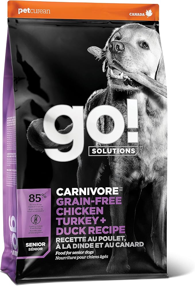 Go! Solutions Carnivore Chicken, Turkey + Duck Grain-Free Dry Senior Dog Food, Our Highest-Protein Kibble Made with Real Meat & Fish, Pumpkin & Probiotics for Good Digestion, 22 lb Bag