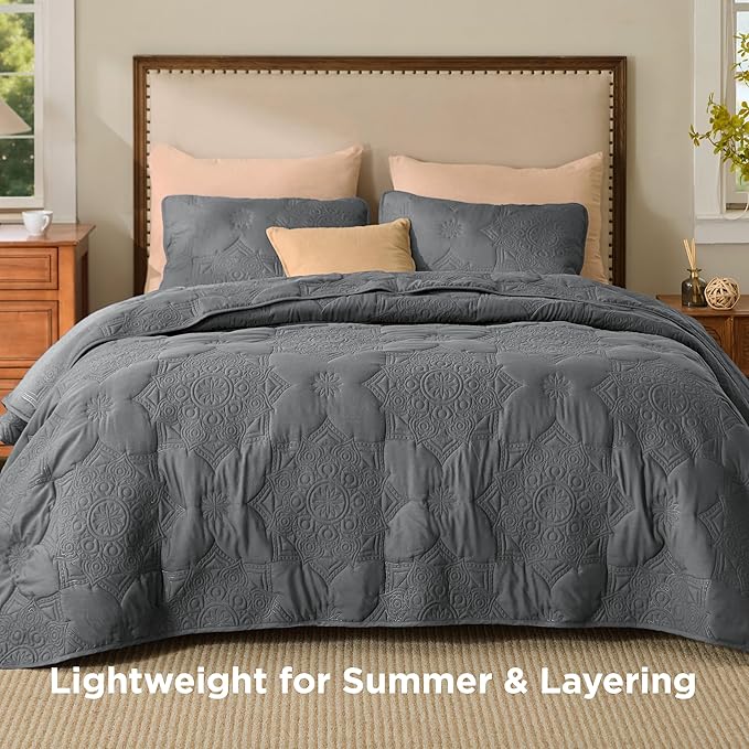 Bedsure Quilts Queen Size - Stitch-Free Ultrasonic Quilting, Dark Grey Bedspread with Modern Vintage Mandala Embossed Pattern, Lightweight All-Season Comforter & Coverlet, 90 x 96 Inches | Stitch-Free Quilting, Ultra Soft, Lightweight, Machine Washable...