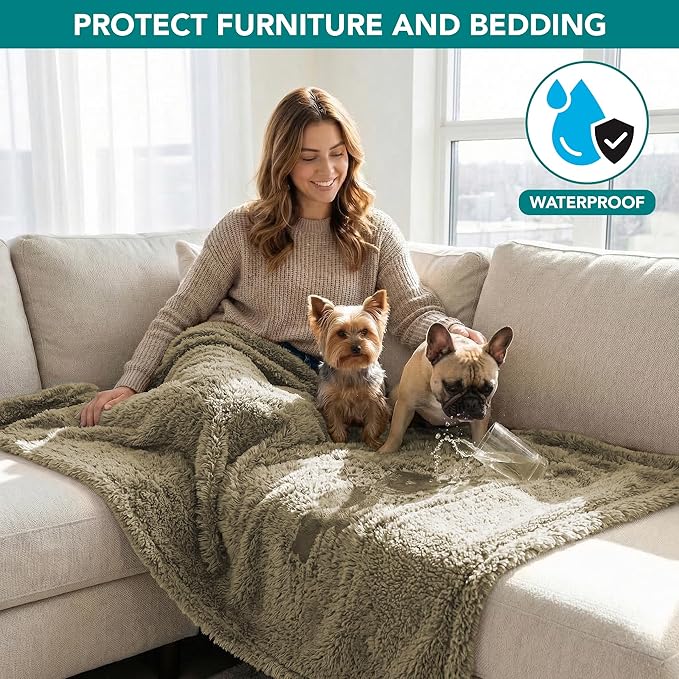 PetAmi Fluffy Waterproof Dog Blanket for Small Medium Dogs, Soft Warm Pet Sherpa Throw Pee Proof Couch Cover, Reversible Cat Puppy Bed Blanket Sofa Protector, Plush Washable Pad (Taupe Camel, 24x32)