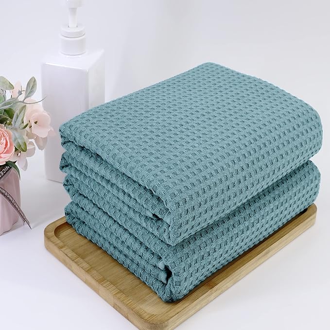 POLYTE Microfiber Oversize Quick Dry Lint Free Bath Towel, 60 x 30 in, Set of 2 (Green, Waffle Weave)