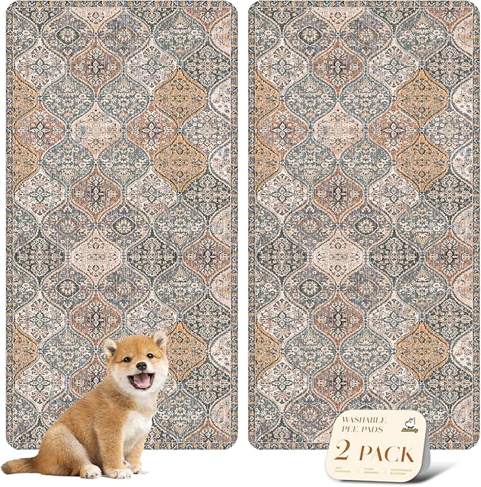 nunubaby Washable Pee Pads for Dogs, Stylish, Non-Slip and Leak-Proof Pee Pads. Reusable Potty Pads for Dogs for Crates and Floors.(Brown/Multi, 24" x48" )
