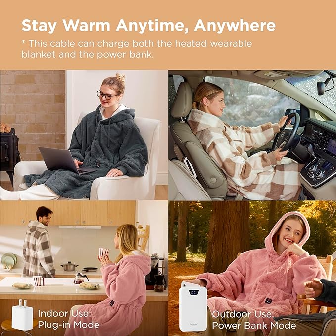 Bedsure Portable Heated Wearable Blanket Hoodie - Faux Cashmere Electric Blanket with 20000mAh Battery Pack, Cordless USB Heated Throw, Winter Gifts for Women, 4 Heat Levels & 4 Timers, 22"x43", Grey