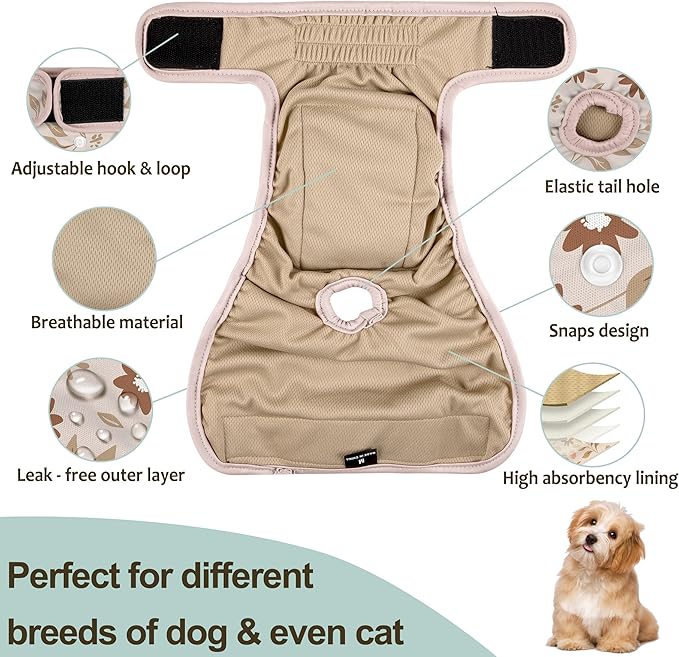 Female Dog Diapers 5Pcs - Premium Reusable Diapers for Doggie in Heat - Highly Absorbent Dog Diapers Female for Pet Incontinence with Adjustable Snaps, Breenish Lily Flower, S