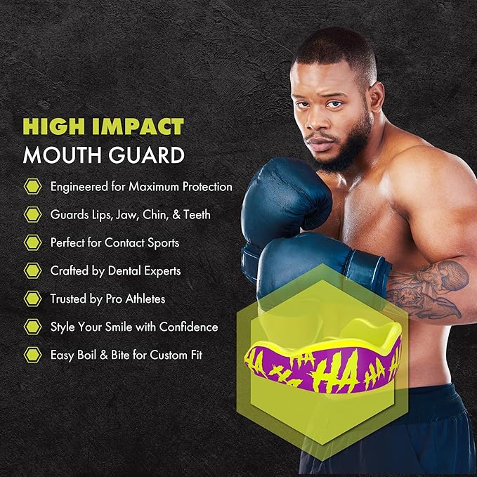DAMAGE CONTROL High-Impact Mouth Guard – Sports Mouthguard for Boxing, Football, Hockey, Lacrosse & Basketball, Protects Teeth & Jaw, Protective Mouthpiece for Adults & Youth (Adult, HA HA HA 2.0)