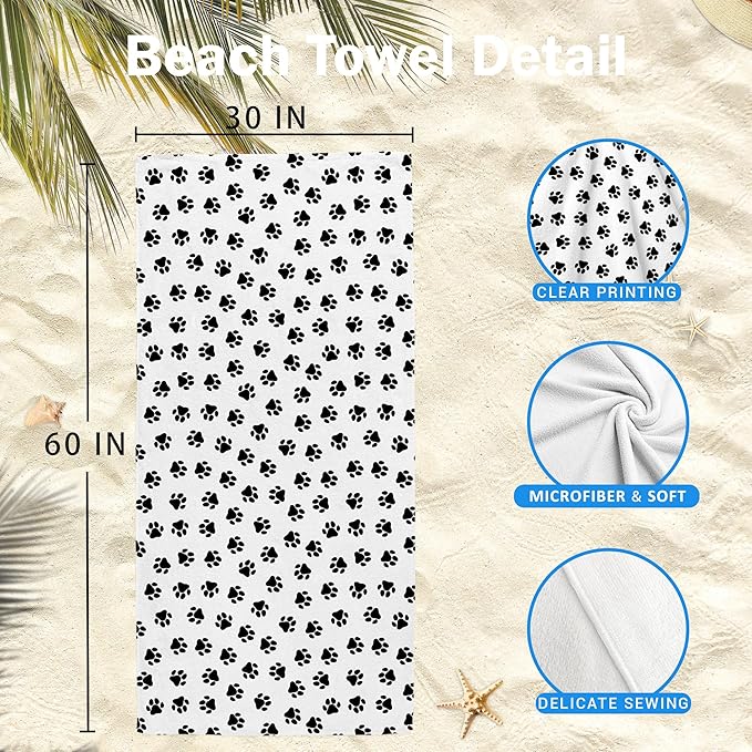 Cute Paws Dog Pet Beach Towel Gifts for Women Dog Lovers Owner, Funny Black and White Microfiber Quick Dry Travel Sand Free Beach Towels Oversized Decor for Bathroom Swimming Pool 30x60 Inch