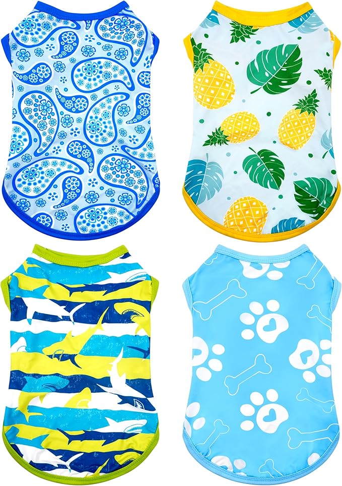 PET SHOW 4 Pack Summer Dog Shirts for Small Doggies Boy UPF 50+ UV Sun Protection Cooling Clothes Tank Top Shark Puppy Kitten Cats T-Shirts Pet Holiday Party Sleeveless Vest Blue(Small)