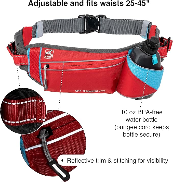 Kurgo On Trail Running Belt - Hands Free Running Belt for Dogs - Adjustable Dog Running Belt - Reflective Jogging Gear - Quick Access Pouch - BPA Free Water Bottle - Red/Blue/Gray