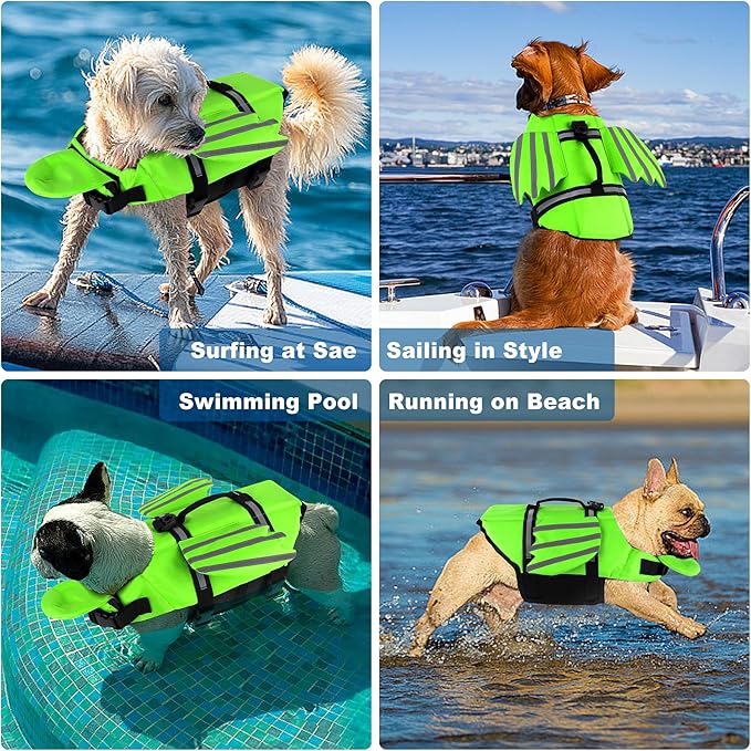Dog Life Jacket, Cute Wings Adjustable Dog Life Vest with Chin Float and Handle for Swimming Boating Reflective High Buoyancy Swim Float Vest for Small Medium Large Dogs (Green, S)