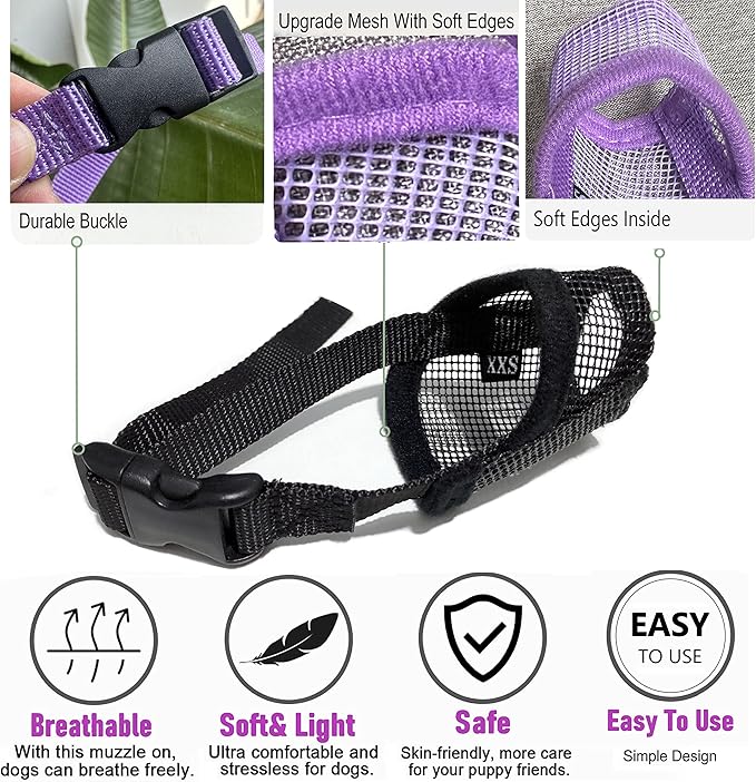 Dog Muzzle 2PCs,Soft Air Mesh Muzzle Breathable for Barking Grooming Biting Chewing for Small Medium Breeds, Barkless Mesh Muzzle Stop Puppy Eating Poop&Rocks XXS XS S (Pink, Black)