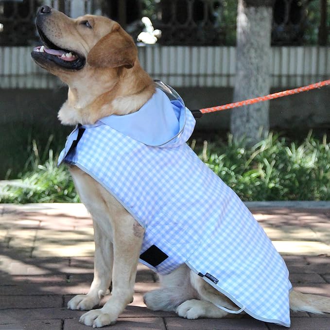 MAMORE Dog Raincoat Reversible,Waterproof Dog Rain Coat Hooded Slicker Poncho with Reflective Strip, Plaid Double Layer Rain Jacket for Small Medium Large Dogs (Light Blue, X-Large(37-55lb))