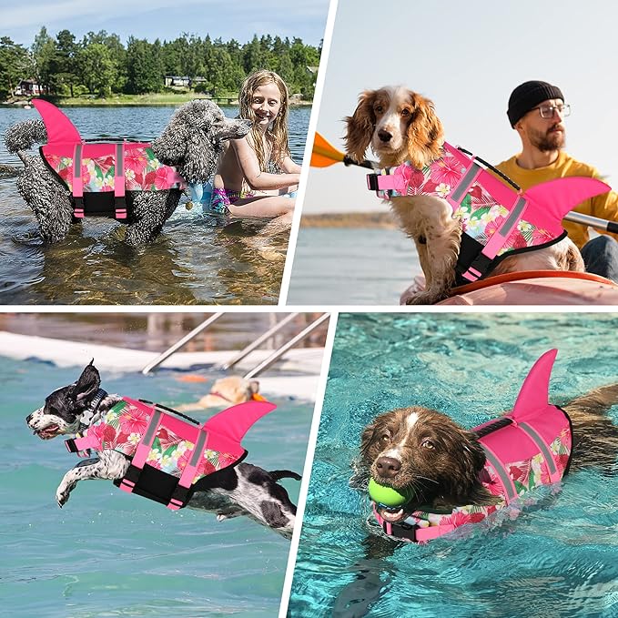 Dogcheer Dog Life Jacket Shark, Hawaiian Style Dog Life Vest for Swimming Boating with Superior Buoyancy and Rescue Handle, Reflective Pet Swim Vest for Small Medium Large Dogs - Flower Pink, XS
