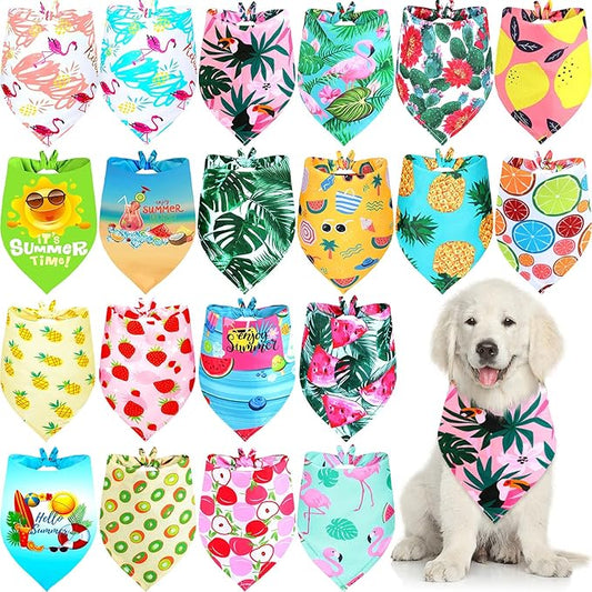 Frienda 20 Pcs Summer Spring Dog Bandanas Hawaiian Style Washable Triangle Pet Bibs Assortment Puppy Kerchief Accessories for Small Medium Pets Dogs Cats(Large)